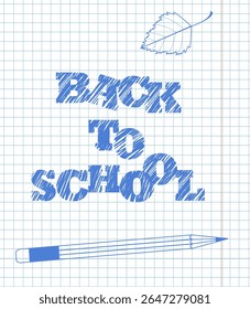 Illustration showcases the back to school theme with bold text on graph paper, accompanied by a pencil and a leaf. Ideal for educational materials or seasonal promotions