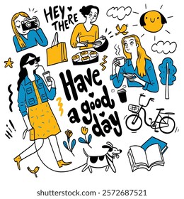 The illustration showcases a cheerful scene featuring various activities and elements related to a good day. It includes people enjoying food, taking photos, and interacting with a dog