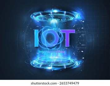 La ilustración muestra el concepto de Internet de las cosas con gráficos azules brillantes y símbolos abstractos sobre un fondo oscuro, destacando la innovación tecnológica.
