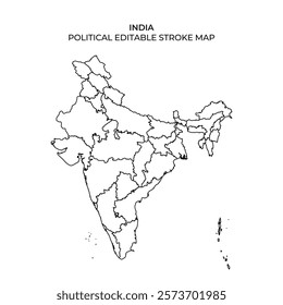 The illustration showcases a detailed political map of India, featuring distinct outlines of states and union territories. Its simplicity allows for easy editing and labeling.