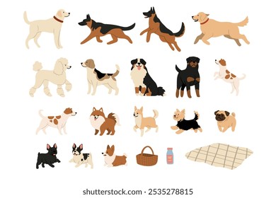 A ilustração mostra uma coleção diversificada de clipart de cães, com Labrador Retriever, German Shepherd, Golden Retriever, French Bulldog, Beagle, Pug, Corgi e muito mais. Ilustrado em várias poses.