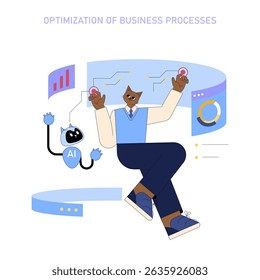 The illustration showcases the integration of AI in optimizing business processes for mid-sized managers. It highlights collaboration between technology and leadership to enhance efficiency and