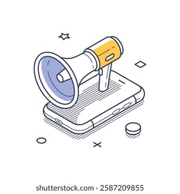 An illustration showcases an isometric line art design of a smartphone with two emoticon icons attached. Modern isometric line art vector illustration