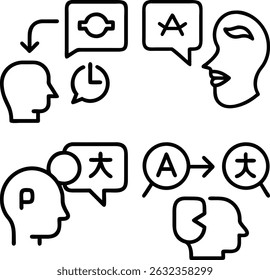 the illustration showcases language translation with head profiles, speech bubbles, and icons, depicting communication and understanding between languages