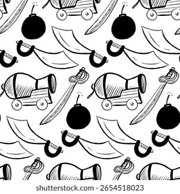 Illustration showcases a repetitive pattern of cannons, swords, and bombs, set against a white background, ideal for nautical-themed crafts or designs. Perfect for adding a playful touch.