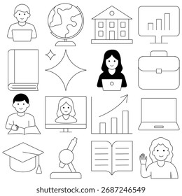 Illustration showcases students learning with laptops, and educational tools in a classroom. EPS 10
