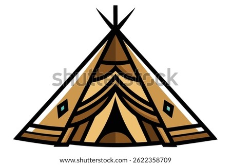 The illustration showcases a stylized tipi tent, rendered in shades of brown and beige with striking black outlines. Turquoise gemstones are integrated into its design.