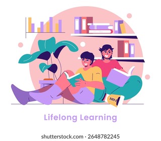 The illustration showcases two individuals engaged in lifelong learning, surrounded by books and a plant in a cozy reading environment, emphasizing the joy and importance of continuous education.