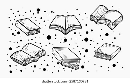 An illustration showcases various hand drawn black and white books in different positions, some open and others closed, seemingly floating against a dotted background.