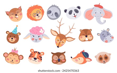 La ilustración muestra una caprichosa colección de adorables caras de animales, diseñada para la decoración y la ropa de los niños, con una variedad de expresiones y accesorios