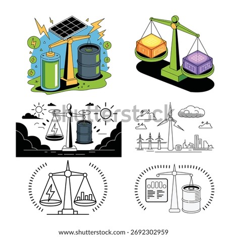 Illustration showcasing balance between renewable energy sources and conventional energy resources