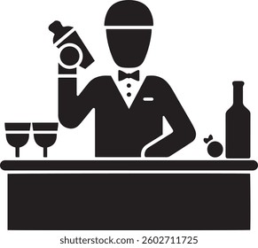 Illustration showcasing a bartender's silhouette while preparing a cocktail at a bar. Captures hospitality and nightlife atmosphere.