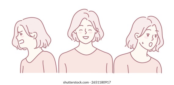 An illustration showcasing a character displaying a wide range of diverse emotions through three distinct poses