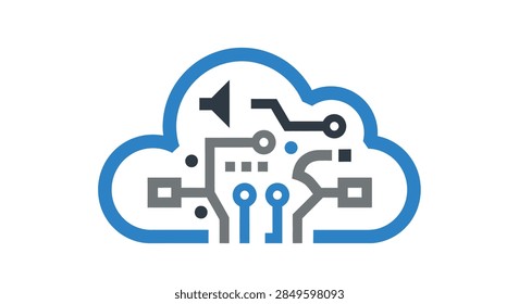 An illustration showcasing cloud computing, featuring a cloud-shaped design incorporating circuit board elements, suggesting digital technology and data processing, perfect for conceptual projects.