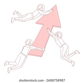 An illustration showcasing the concept of teamwork, featuring astronauts collectively propelling an upward arrow