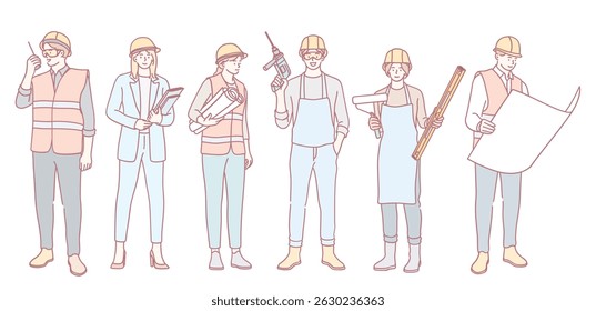 An illustration showcasing construction workers who represent various roles and essential tools within the industry