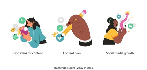 Illustration showcasing content brainstorming, strategic planning, and social media audience growth using digital platforms and tools.