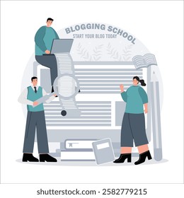 Illustration showcasing creative collaboration in a blogging workshop, writing, and teamwork to  your blogging journey along with modern digital tools and supportive community.