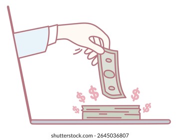 An illustration showcasing digital banking, where cash is being deposited into a laptop system for convenience