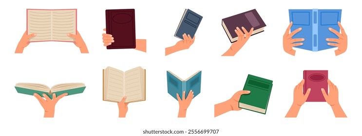 An illustration showcasing a diverse collection of hands holding books in various positions and colors.