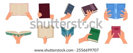 An illustration showcasing a diverse collection of hands holding books in various positions and colors.