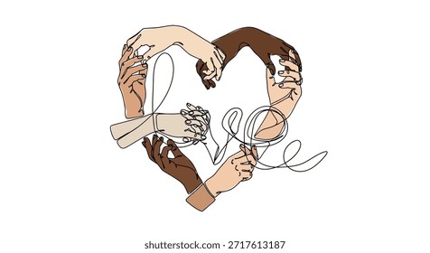 Uma ilustração mostrando diversas mãos de diferentes tons de pele se unindo para formar uma forma de coração, com a palavra "amor" elegantemente escrita em toda a parte central em uma linha contínua. Isto simboliza
