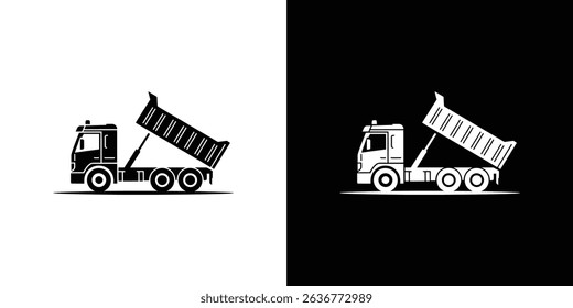 Illustration showcasing a dump truck silhouette. Graphic displays a construction vehicle tipping; black and white contrast highlighting its structure and design.