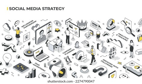 Illustration showcasing elements of social media strategy, including influencer partnerships, content planning, engagement, marketing, and tracking. Isometric linear style create a modern aesthetic