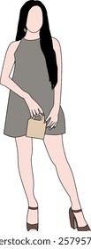 An illustration showcasing a fashionable woman with long hair, dressed in a simple outfit, holding a compact tote bag, emphasizing minimalism and style.