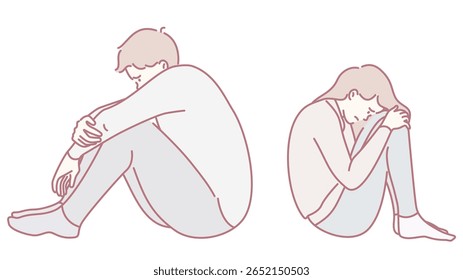Ilustração mostrando sentimentos de ansiedade e tristeza expressos através de várias formas de linguagem corporal
