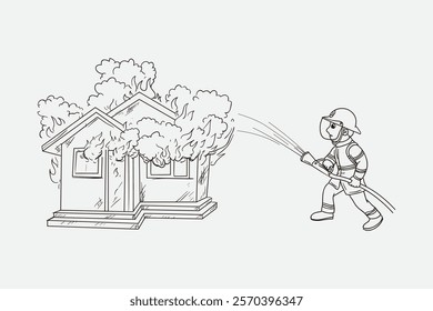 Illustration showcasing a firefighter spraying water to control and extinguish a house fire, emphasizing emergency response and heroism.