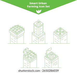 An illustration showcasing five isometric icons depicting smart urban farming methods, including rooftop gardens and vertical farming structures.  The clean ...