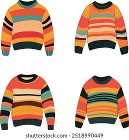 An illustration showcasing four colorful sweaters, each with bold horizontal stripes in shades of orange, yellow, green, and black.