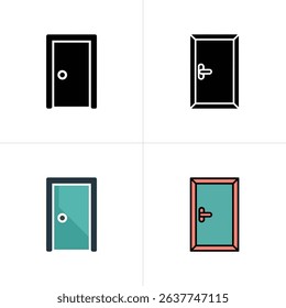 Illustration showcasing four different door icons presented in both black and white solid versions, and color outlined designs. These vector representations are minimal and modern.