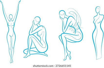 Eine Illustration, die vier verschiedene Posen einer menschlichen Figur in verschiedenen Positionen und Bewegungen zeigt.