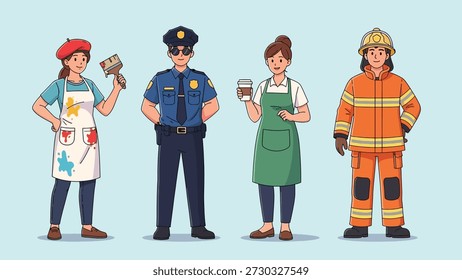 Ilustración que muestra a cuatro personas que representan diferentes profesiones, incluidos artistas, oficiales de policía, baristas y bomberos.