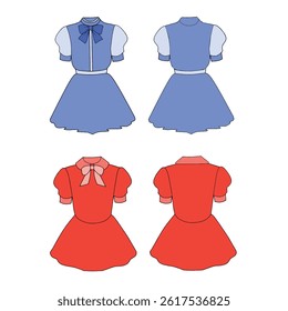 Illustration showcasing front and back views of blue and red dresses with bow details, highlighting fashion design concepts.