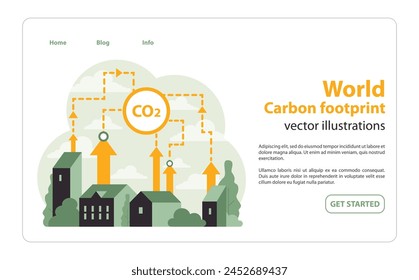 Illustration showcasing the global impact of CO2 emissions on the environment. Buildings release carbon while arrows depict its flow. Global climate concern. Flat vector illustration.