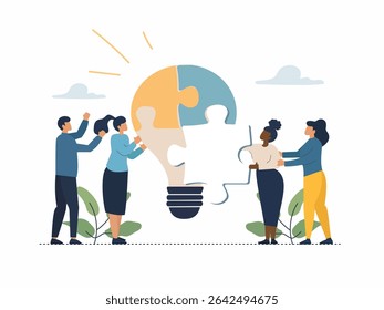 Una ilustración que muestra a un grupo que colabora para conectar piezas de rompecabezas que forman una bombilla, simbolizando ideas.