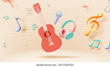 illustration showcasing a guitar, microphone, and headphones floating among musical notes with pastel color. Perfect for music-related designs, advertisements.