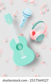 illustration showcasing a guitar, microphone, and headphones floating among musical notes with pastel color. Perfect for music-related designs, advertisements.