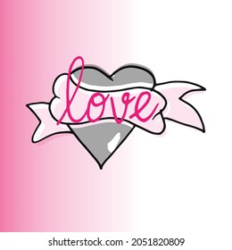Illustration showcasing hand-drawn 'Love' lettering accompanied by a heart and ribbon banner. Ideal for expressing affectionate emotions or incorporating romantic elements into visuals.