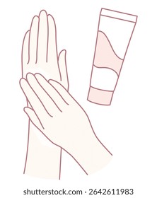 An illustration showcasing hands applying moisturizer, which promotes important skincare and selfcare routines