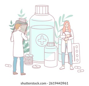 Ilustração mostrando profissionais de saúde cercados por uma variedade de diferentes garrafas e cápsulas de medicamentos