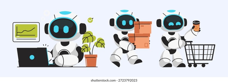 Uma ilustração mostrando um robô útil em diferentes cenários, incluindo trabalho em um notebook, transporte de caixas e compras, representando inteligência automatizada.