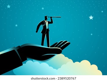 Illustration showcasing a helping hand guiding a businessman using a telescope to observe the stars. This powerful business concept symbolizes vision, collaboration, and reaching for ambitious goals