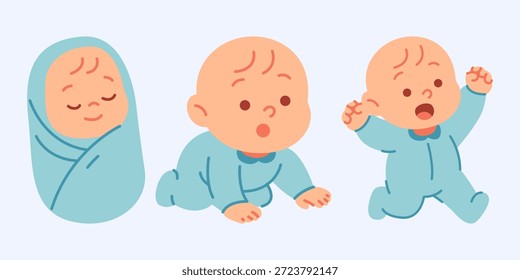 An illustration showcasing infant developmental stages, from a sleeping newborn to a crawling baby and an active toddler. Captures the early growth period.