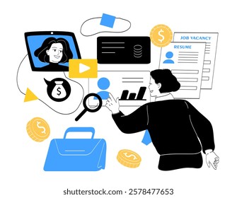 Illustration showcasing job search and business elements, including resumes, graphs, money, and a computer screen, in blue, yellow, and black on white. Vector illustration