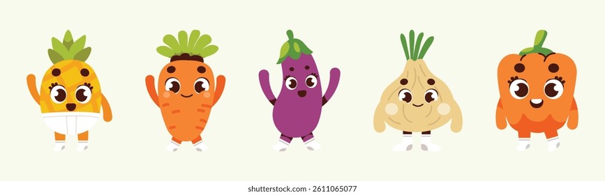Illustration showcasing a lineup of cheerful vegetable and fruit characters. The design is playful and whimsical, suitable for a variety of projects related to food, nutrition, or children's content