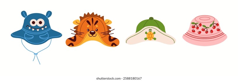 Illustration showcasing a mix of four bucket hats with fruit and animal themes, ideal for playful children's summer accessories.